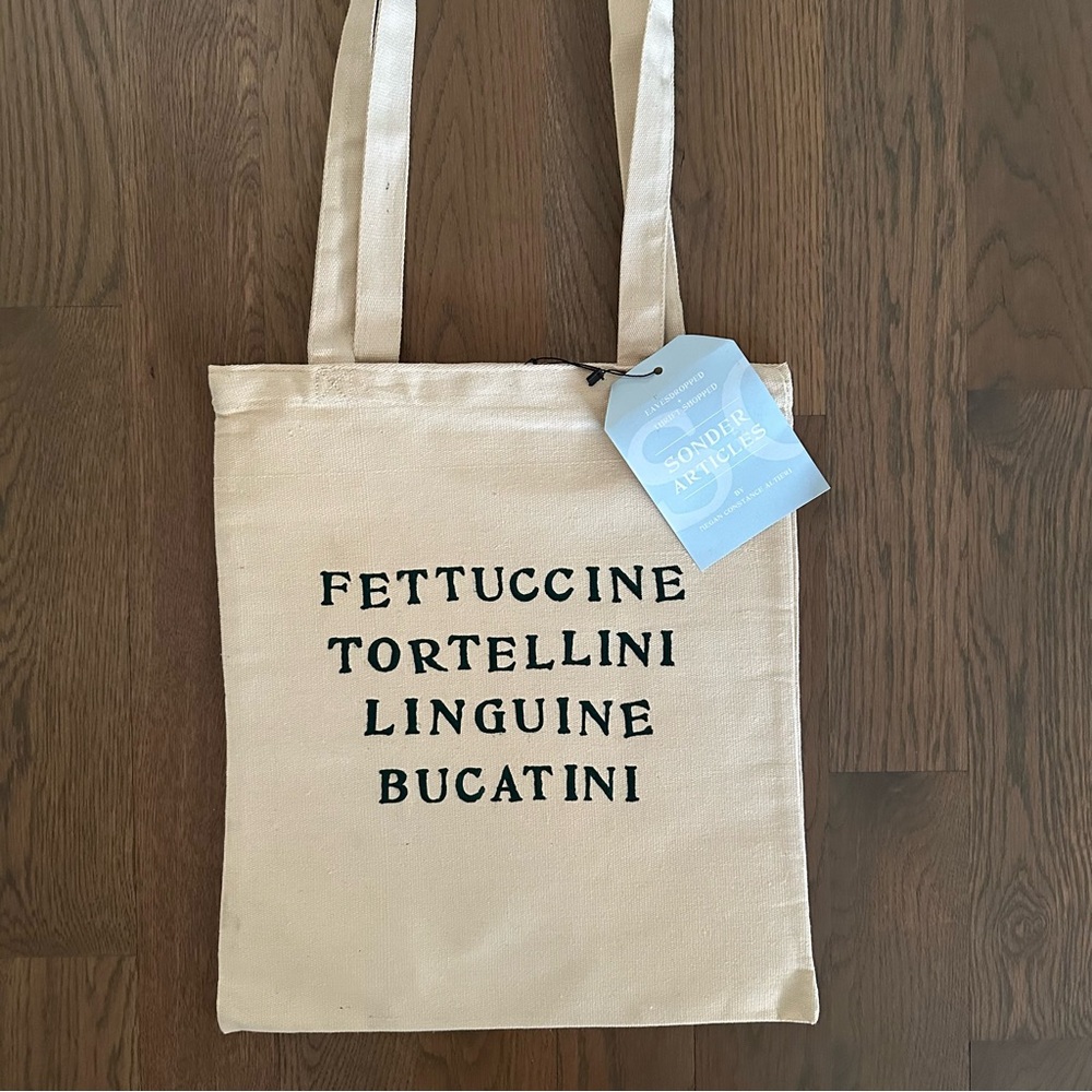 NWT Sonder Pasta Themed Canvas Tote Bag in Natural with Green 14"w x 15.25"h - Picture 4 of 6